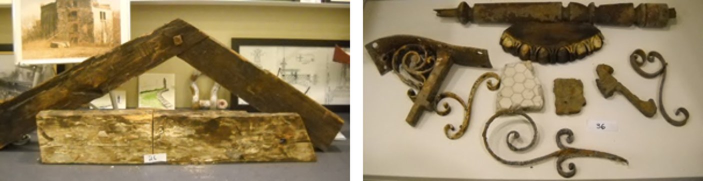 Left: a wooden roof beam from Blackwell House. Right: ironwork, brackets and fragments recovered from the Octagon staircase and columns.