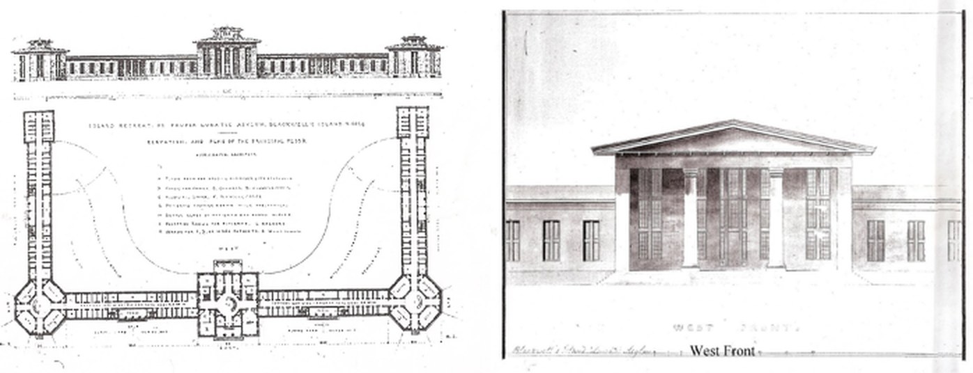 Nineteenth-century architectural renderings of the New York City Lunatic Asylum by Alexander Jackson Davis: a floor plan and the west front elevation.