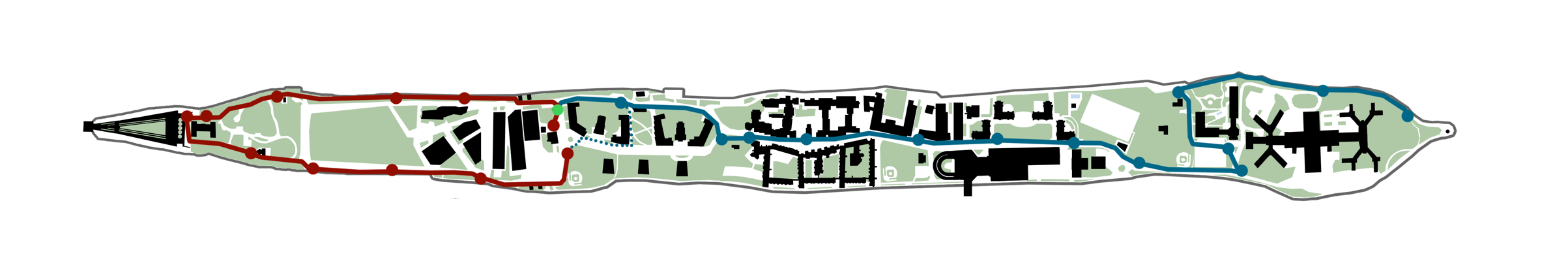The original RIHS route map, with the south route in red and north route in blue