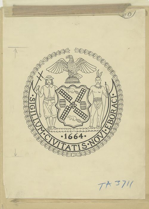 Camera art for the City Seal, NYC Municipal Library vertical files.