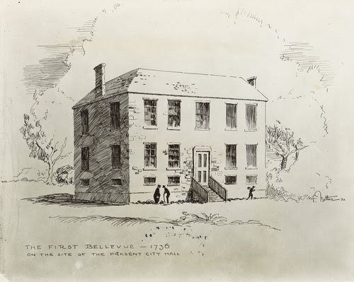 The first Bellevue, a 6-bed infirmary on the present site of City Hall. Department of Public Charities Collection, NYC Municipal Archives.