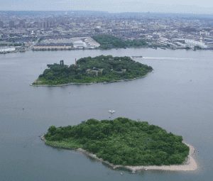 Abandoned North Brother Island and South Brother Island in the middle of East River