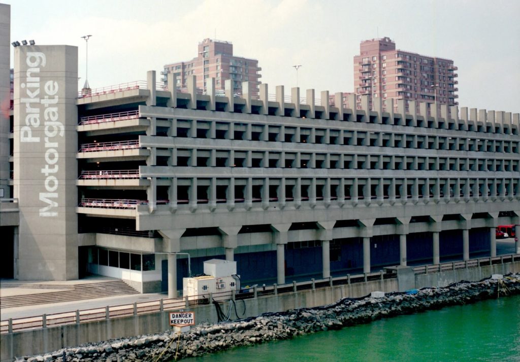 Motorgate parking garage photographed from the East River.